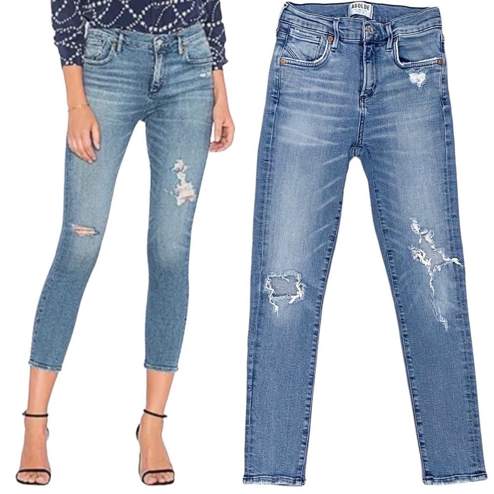 Agolde Sophie Skinny Crop in Spell Blue Distressed Denim Jeans Women's Size 23